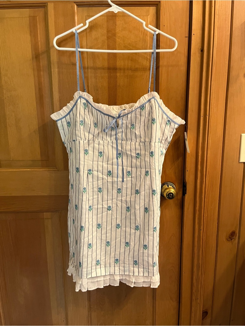 Anthropologie White Striped Floral Cami with Blue Trim